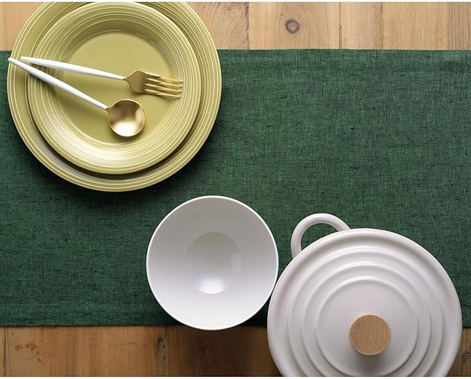 Solino Home Linen Table Runner 144 Inches Long - Athena, 100% Pure Linen Forest Green 14 x 144 Inch Table Runner for Dining