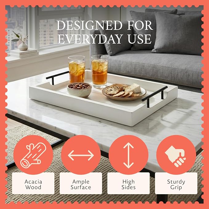 Mela Artisans 16 x 13 x 2.25 in Acacia Wood Serving Tray with Handles – Shabby White Rectangular Wooden Tray for Breakfast in Bed, Coffee Table Decor & Home Display