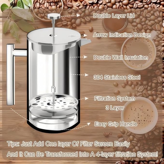 Stainless Steel French Press Coffee Maker, 34oz/1L, 5 Pack Filter | 304 Rust-Proof Metal Press, Thermal Insulated, Heat-Resistant Ergonomic Handle, BPA Free, Dishwasher Safe