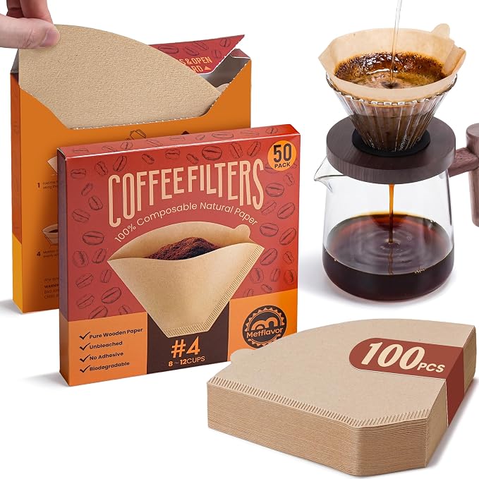Metflavor #4 Cone Coffee Filters, Unbleached Coffee Filters 8-12 Cup, 100 Count with 2 Individual Packs for Easy Storage, Compatible with Ninja Pour Over Coffee Dripper, No Leak, Tear-Resistant
