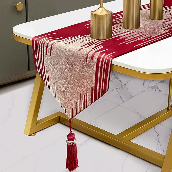 Luxury Christmas Red Table Runner 72 Inches Long Abstract Geometry Embroidery Pattern with Handmade Tassels Thick Fabric for Home Living Room Bedroom Dinner Room Art Decor Christmas
