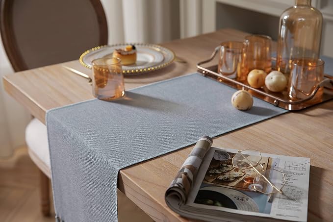 ZeeMart Dusty Blue Table Runners 48 Inches Long, Burlap Linen Style Rustic Farmhouse Table Runner, Small Short Boho Coffee Table Runner, 13x48 Inches, Light Dusty Blue