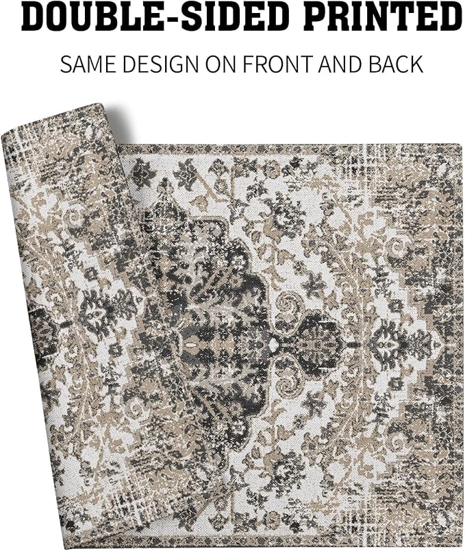 Ethnic Boho Placemats Set of 4 Bohemian Carpet Vintage Gray Floral Linen Washable Kitchen Dining Southwestern Table Mats Stain Heat-Resistant Desktop Decor Place Mats for Home Party Indoor 12x18 in