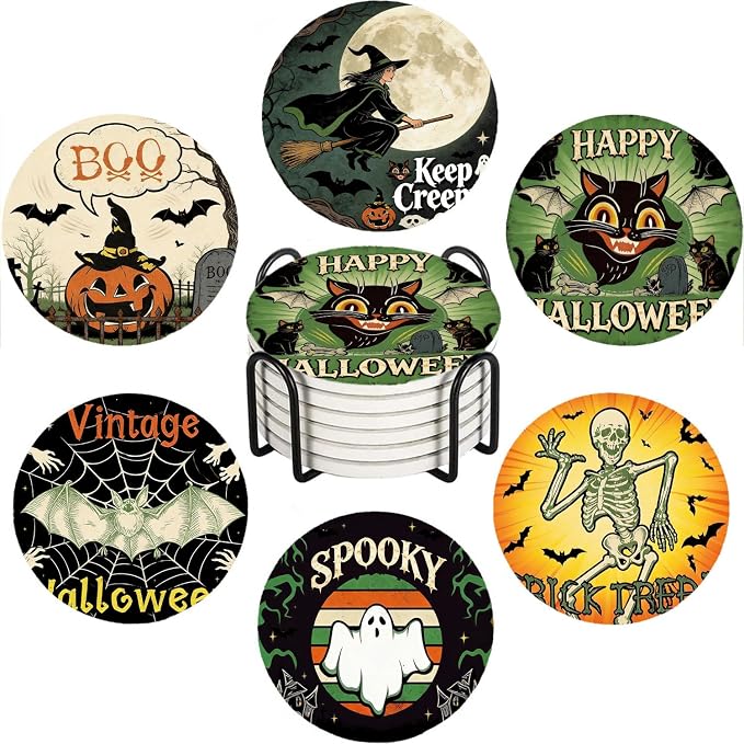 Halloween Happy Coasters Set of 6 for Drinks, Round Absorbent Ceramic Stone Coaster with Cork Base, Vintage Halloween Coaster with Metal Holder for Coffee Table Home Decorations Party Gifts