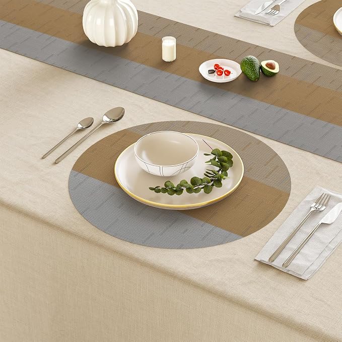 Round Placemats Set of 8, 15 Inch Woven Vinyl Heat Resistant Place Mats, Washable Non Slip PVC Table Mats for Kitchen Dining Party Outdoor Table Decor (Gray Light Brown, 8)