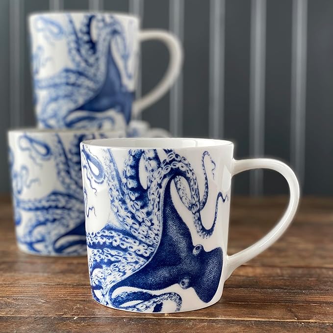Caskata Lucy the Octopus Oversized Mugs Set of 4 | High-Design Premium Lead-Free Porcelain Blue Mug Set for Entertaining or Everyday | Unique Party Mugs for Wedding or Birthdays | 14 oz