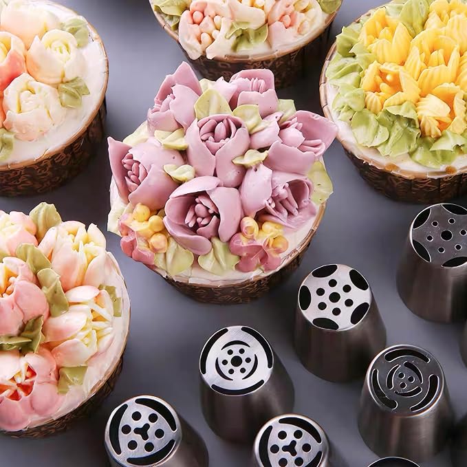 Russian Piping Tips Set: Stainless Steel Cake Decorating Tips, 27 Pcs Baking Piping Bags and Tips Set, 12 Flower Frosting Tips 2 Leaf Piping Tip 10 Pastry Bags 2 Couplers 1 Reusable Silicone Bag