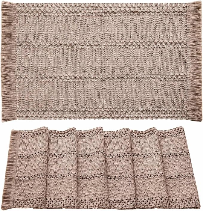 ZeeMart Macrame Style Boho Placemats Set of 6, Taupe 12x20 Inch | Decorative Farmhouse Table Mats, Natural Cotton Woven Place Mats, Bohemian Home Decor for Kitchen Dining Table