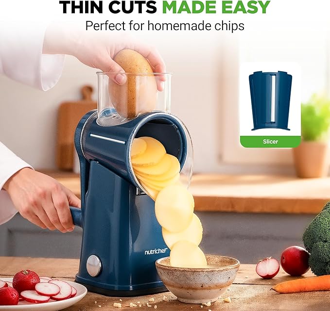 NutriChef 5 in 1 Cheese Grater & Shredder | 5 Different Blades for Thin, Thick, Julienne Strips, Wavy, & Straight Strips | Includes Hand Crank, Strong Suction Base & Storage Container | Blue