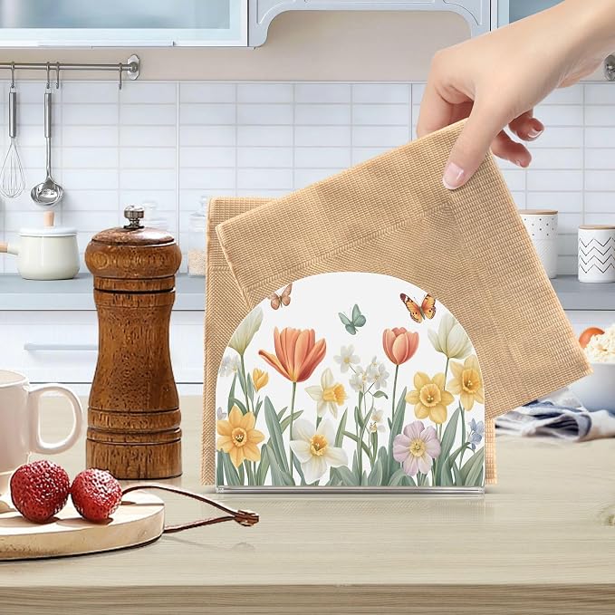 Tulips Daffodils Spring Flowers04 Napkin Holder for Tables Paper Cocktail Napkin Holders for Kitchen Dinning,Acrylic Dinner Napkin Dispenser for Restaurant Home Decor Bar Accessories 1 Pack