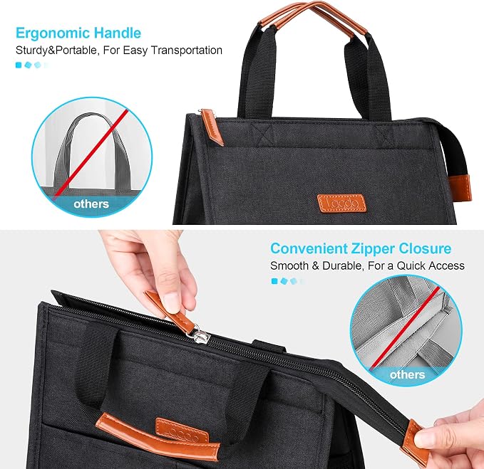 Lacdo Lunch Bag for Women Men Insulated Lunch Tote Bags Waterproof Reusable Lunch Box Soft Cooler with Pockets for Work Travel Picnic, Black