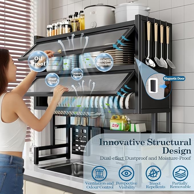 4-Tier Dish Drying Rack with Cover – Above Sink Kitchen Storage Rack, Large Space-Saving Shelf for Dishes, Glasses, Bowls & Cutlery, Black (W-40'')