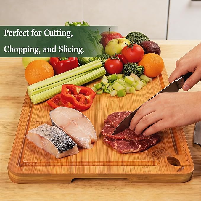Cutting Board for Kitchen Meal Prep and Serving, Carbonized Bamboo Wood Butcher Block Chopping Board with Deep Juice Grooves and Side Handles for Meat, Bread, and Dough Kneading