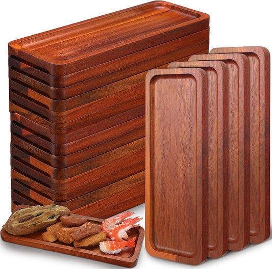 Skylety 15 Pack Solid Wood Serving Tray Large Acacia Party Server Platter Rectangular Charcuterie Board with Grooved Handle for Home Kitchen Cheese Appetizer Farmhouse Table Supplies (10.8 x 4 Inch)