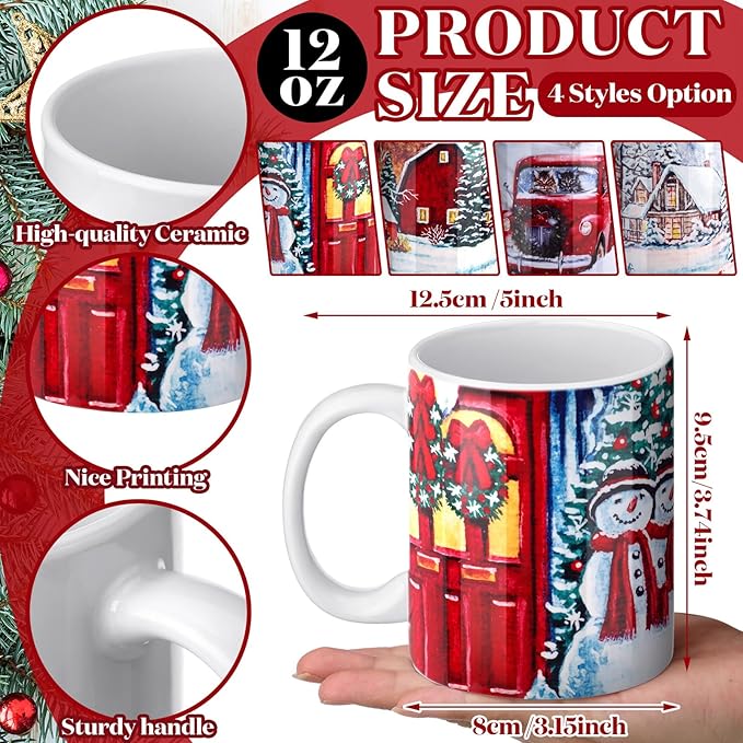 Nitial 4 Pcs Christmas Coffee Mug Sets 12oz Farmhouse Christmas Cups Bulk Gift for Women Men Decoration for Kitchen Office Home(Truck)
