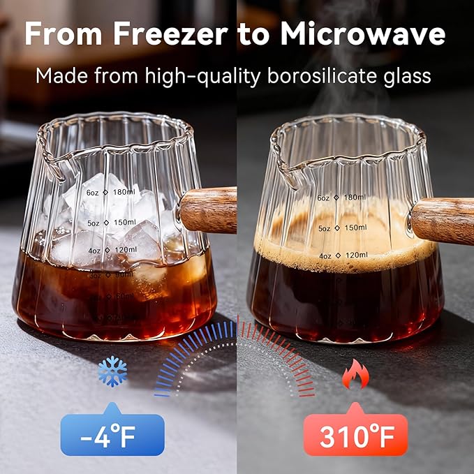 Glass Measuring Cup 6OZ, Espresso Accessories, Expresso Shots Cup, Espresso Shot Glass with V-Shaped Mouth, Ribbed Milk Frothing Pitcher, coffee Espresso Cup(Wooden Handle)