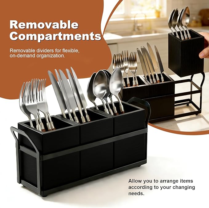 Kitchen Utensil Holder for Countertop, 3 Compartments Wooden Utensils Organizer for Cooking Utensils, Silverware, Spatula, Fork, Knife, Cutlery Storage for Kitchen Counter-Black