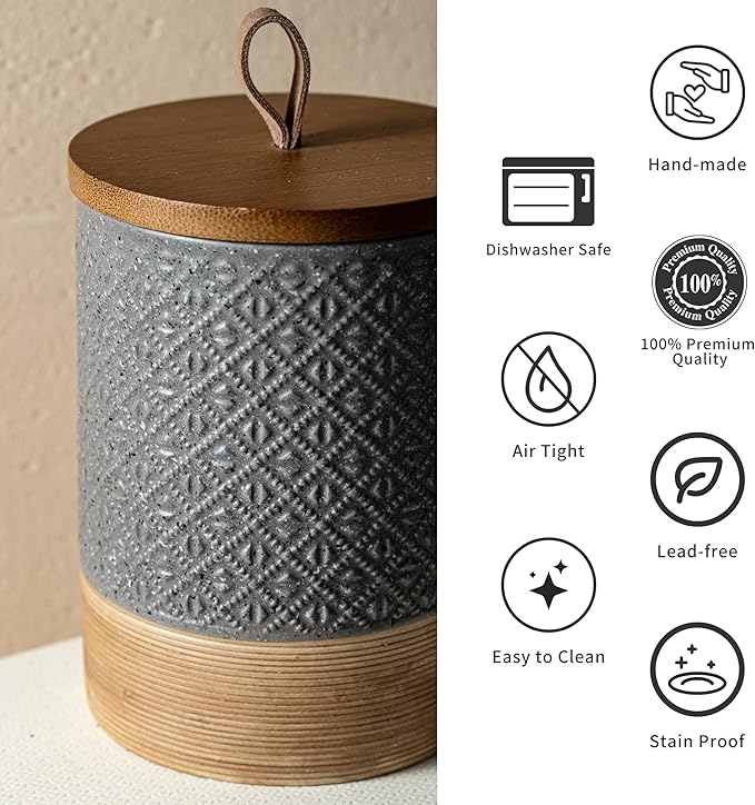 Miamolo Coffee Container Jar with Lid, Ceramic Food Storage Jars for Spice Sugar Cookie, Large Kitchen Canisters for Countertop Coffee Bar Accessories Housewarming Wedding Gift - Gray & 28 fl.oz