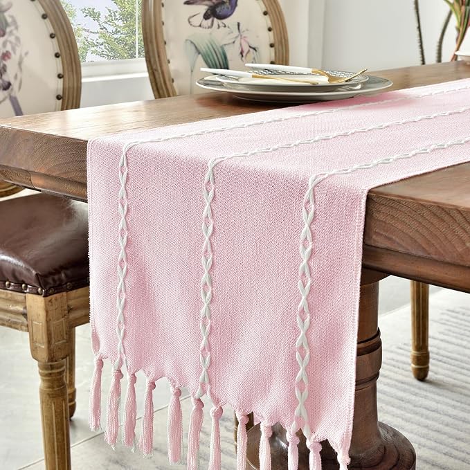 Wracra Rustic Linen Table Runner Farmhouse Style Table Runners 108 inches Long Embroidered Table Runner with Hand-Tassels for Party, Dresser Decor and Dining Room Decorations (Pink, 13"×108")