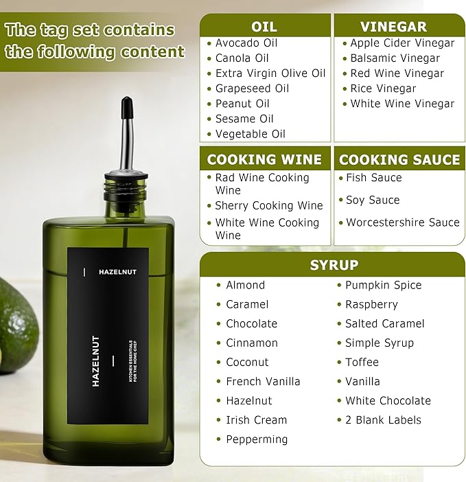 R DRURLCD 2 Pack UV-Protected Green Glass Olive Oil Dispenser Bottle Set,17 oz/500ml Curved Oil and Vinegar Stainless Steel Pourers,Funnel,Labels, Soy Sauce, Coffee Syrup Bottles for Kitchen