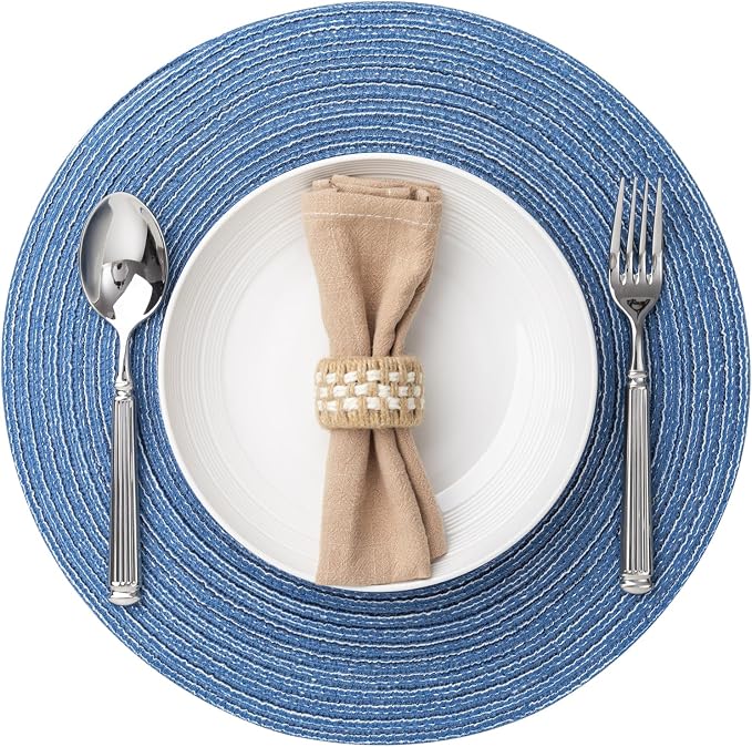 Round Placemats Set of 8 Woven Placemats Washable Braided Table Mats for Dining Table Heat Resistant Non-Slip Circle Place Mats(Mid Blue)
