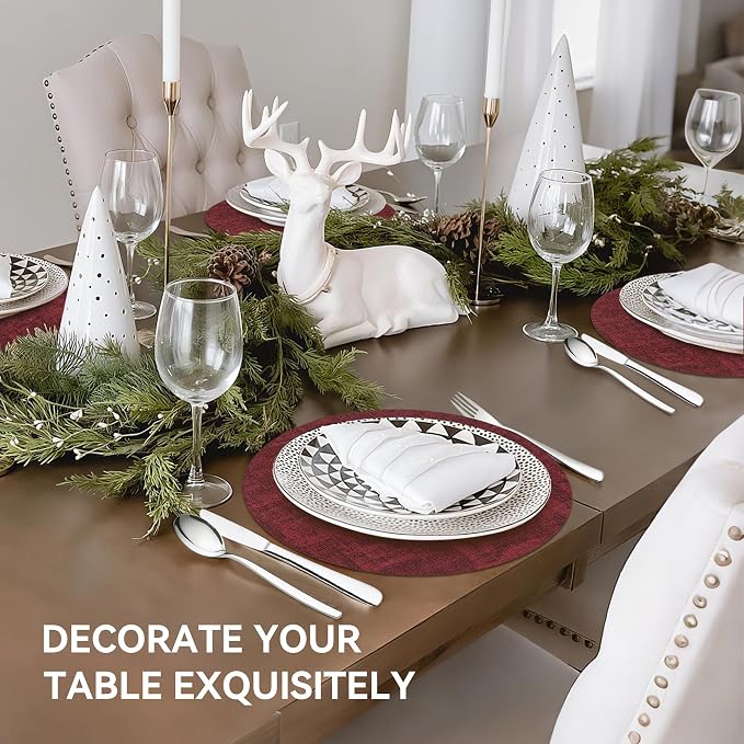 13" Round Placemats Set of 12, Reversible Faux Leather Heat Resistant Table Mats, 100% Waterproof Oilproof Wipeable Table Protective Placemats for Vinyl, Washable for Indoor (12, Burgundy)