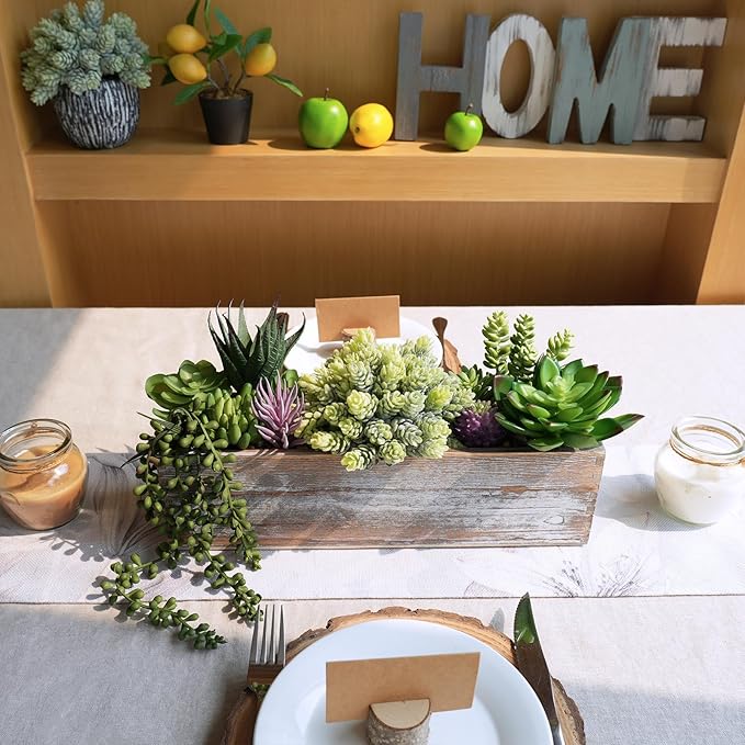 Winlyn Artificial Succulent Arrangement 14" Assorted Faux Succulents Plants in Rustic Rectangular Wooden Box Potted Succulents Plants for Farmhouse Home Table Centerpiece Windowsill Greenery Décor