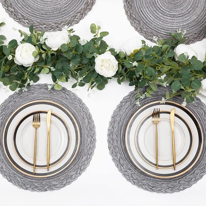 SHACOS Round Placemats Set of 6 Woven Round Table Mats 15 inch Braided Border Washable Cotton Polyester Circle Place Mats, Gray (Pack of 2)