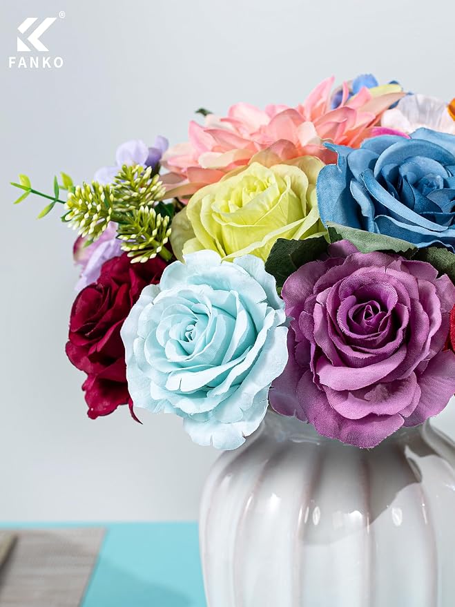 FANKO Artificial Flowers for DIY, Rainbow Multicolor Faux Flowers Bouquet, Colorful Fake Rose Daisy Lily Silk Flowers for Vase, Home Decor, Garland, Wedding, Birthday, Party, Romantic Celebration