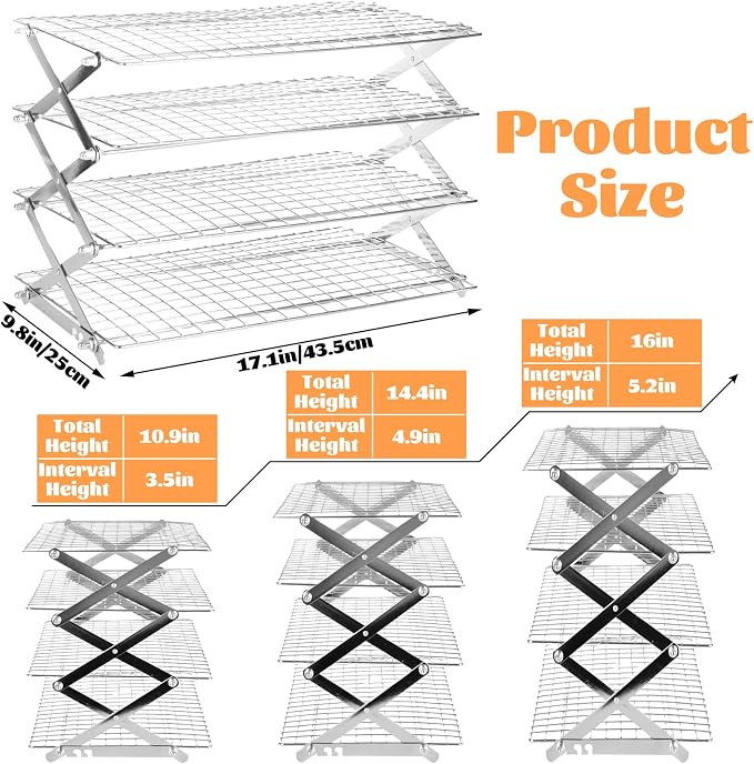 4 Tier Collapsible Cooling Rack for Cooking and Baking, Adjustable Foldable Baking Rack with 3 Height Settings, Heavy Duty Stainless Steel Wire Rack for Cookies, Bread, Cakes, Dishwasher Safe