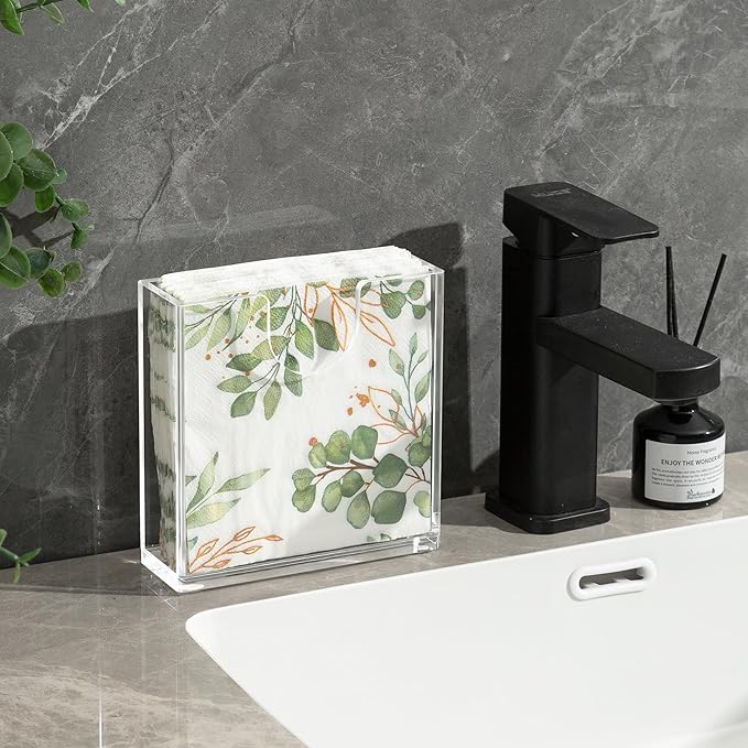 Clear Acrylic Napkin Holder for Table, Elegant Non-Slip Guest Towel Tray for Bathroom, Waterproof Vertical Tissue Dispenser for Kitchen, Dining, Bar, Office or Restaurant Square with rounded corners