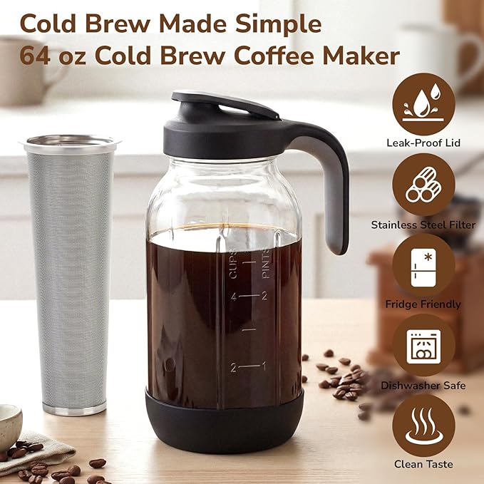 64 oz Cold Brew Coffee Maker with Stainless Steel Filter, 2 Quart Glass Mason Jar Pitcher with Pour Spout Lid, Iced Coffee Maker for Fridge, Wide Mouth, Leak-Resistant, Non-Slip Silicone Base