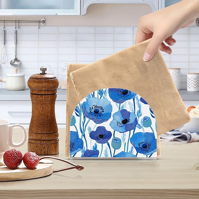 Blue Poppy Flowers with Light Blue Leaves Napkin Holder for Table Acrylic Vertical Napkin Holders for Paper Napkins Decor Napkin Dispenser for Home Party Dining Cocktail Kitchen Accessories, 2 Pack