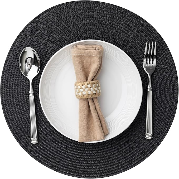 Baroyal Round Placemats Set of 8 Plastic Woven Placemats Washable Wipeable Table Mats for Dining Table Heat Resistant Non-Slip Circle Place Mats (Black)