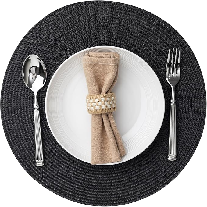 Baroyal Round Placemats Set of 4 Plastic Woven Placemats Washable Wipeable Table Mats for Dining Table Heat Resistant Non-Slip Circle Place Mats (Black)