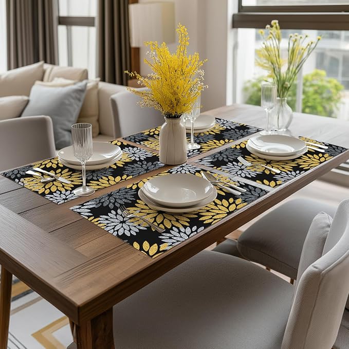 Artoid Mode Floral Vinyl Placemats Set of 4, 12x18 Inch New Year Washable Non-Slip Plastic Vinyl Place Mats for Party Kitchen Dining Decor, Yellow Black