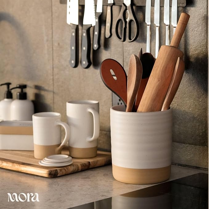 Mora Ceramic Kitchen Utensil Holder - Wooden Spoon & Spatula Crock for Countertop, Modern Farmhouse Home Decor, Extra Large 7.3" Cooking Organizer for Stove Top and Counter - Heavy & Sturdy - Oat