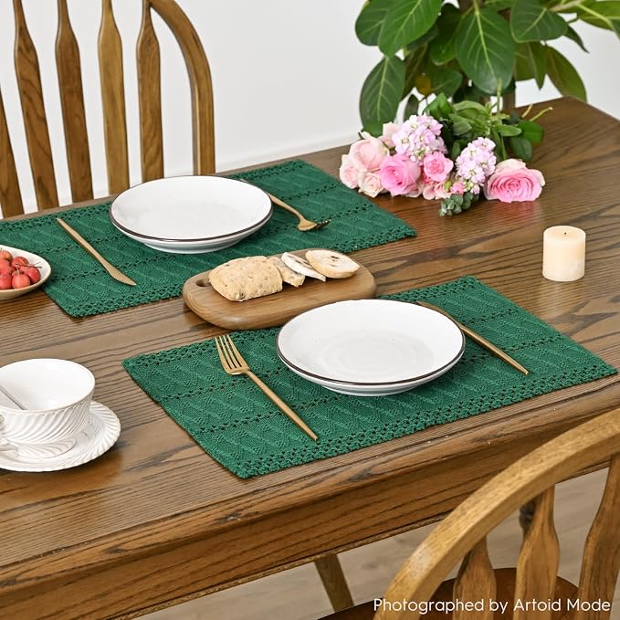 Artoid Mode Dark Green Farmhouse Woven Rustic Hollow Placemats Set of 6,12x18 Inch Seasonal Holiday Table Mats Party Kitchen Dining Decoration