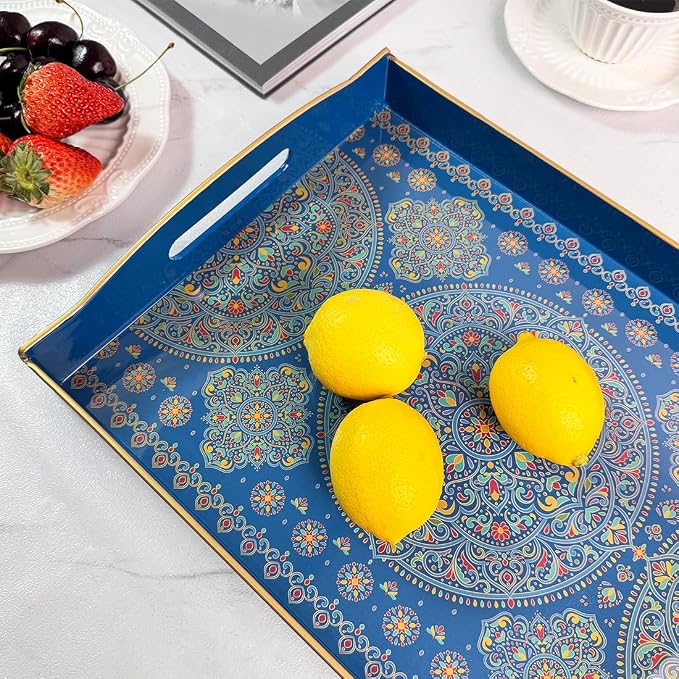 Boho Blue Decorative Tray, Serving Tray with Handles, Plastic Tray for Coffee Table, Ottoman - Ideal for Living Room & Bathroom. 15” x 11” x 2.5”