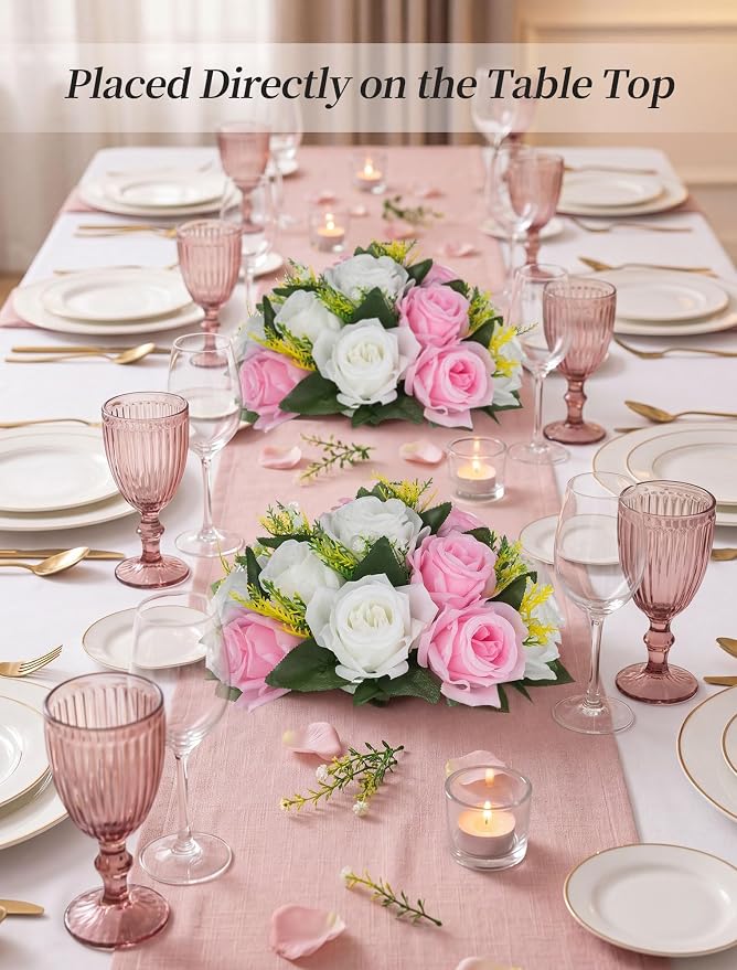 BLOSMON Flower Balls Centerpieces for Table: 6 Pcs Pink White Faux Roses | 9.5 Inch Fake Kissing Floral Ball Arrangements for Wedding - Artificial Flower Bouquet with Base Home Party DIY Decor