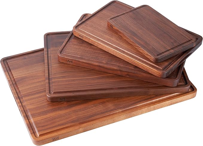 AZRHOM Small Walnut Wood Cutting Board for Kitchen 12x8 in (Gift Box) with Juice Groove Handles Non-slip Mats Thick Reversible Butcher Block Chopping Board