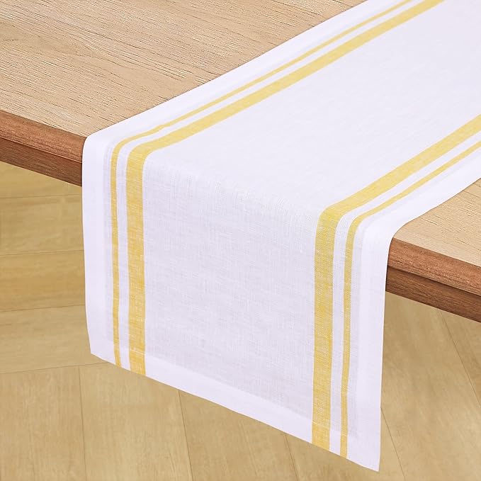 Solino Home Striped Linen Table Runner 60 Inches - 100% Pure Linen Yellow and White French Stripe Small Table Runner 14 x 60 Inch Ideal for Dresser and Coffee Tables, Spring, Summer