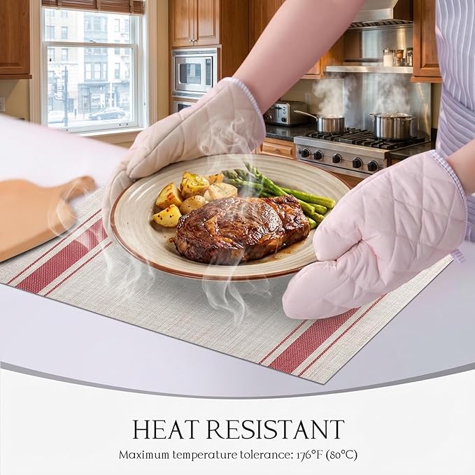 Placemats Set of 6-Heat Resistant Non-Slip Washable Table Mats for Dining Table,PVC Vinyl Woven, 12 x 18 inch Striped Design