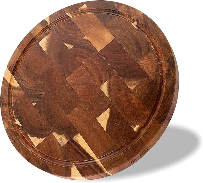 End Grain Butcher Block Round 12 IN, Premium Acacia Wood Cutting Board with Juice Groove, TJ POP Medium Chopping Board for Kitchen, 1 IN Thick
