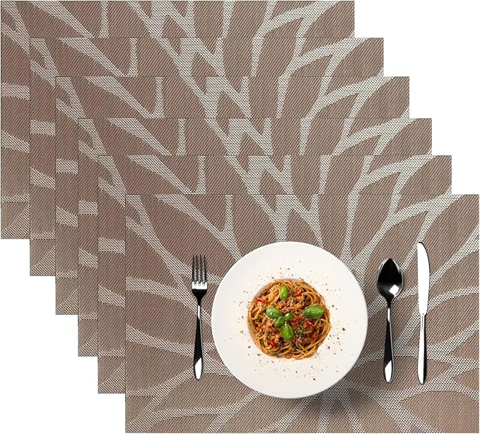 Placemats, Placemats for Dining Table Set of 4, Kitchen Table Mats Heat-Resistant Non-Slip Washable PVC Woven Vinyl Place Mats for Dining Room Table Decoration (Set of 6, Brown)