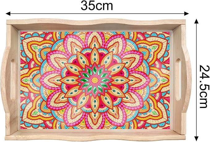Generic DIY Diamond Serving Tray Rectangular Upgrade Increase Breakfast Tray with Handles Handmade Diamond Art Painting Wooden Tray Dinner Plate for Coffee Living Room Home Organizer-Mandala08