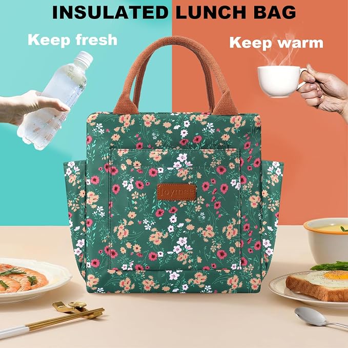 Joymee Insulated Lunch Bag for Women Reusable Leakproof - Green Floral | Spacious Storage, Bottle Holder & Pockets, Leakproof Insulated, for Work, Travel, Picnic, Daily Use, for Adult