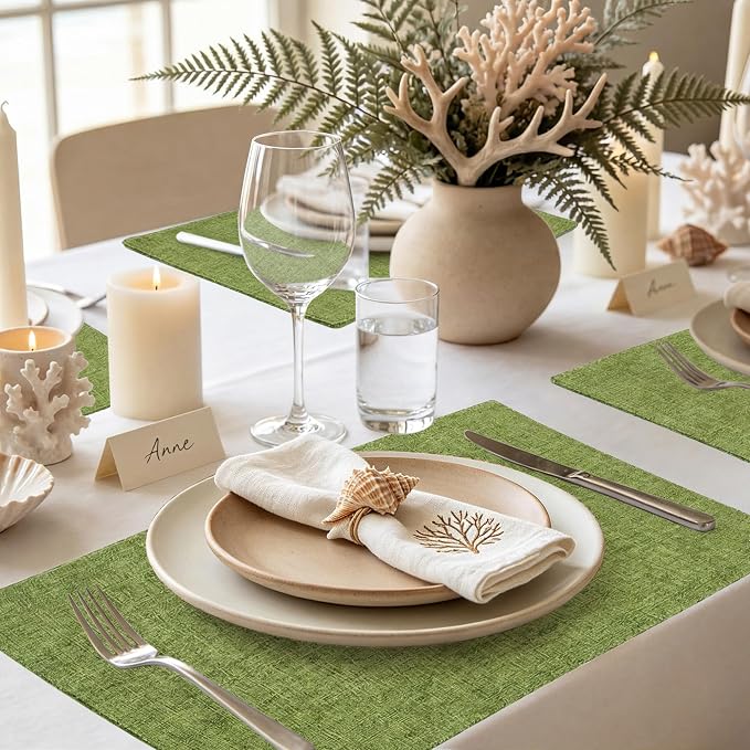 homing Faux Cotton Linen Placemats Set of 8, Cloth Washable Farmhouse Dining Table Mats for Indoors & Outdoors, Easy to Clean, Grass Green, 13 x 19 Inch
