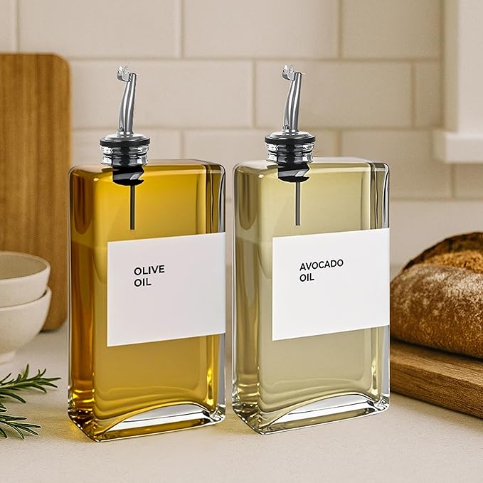 Spaceneat Olive Oil Dispenser Bottle - Includes 44 Kitchen Essential Labels - Cooking Oil Bottles for Kitchen, Coffee Syrup Dispenser - Pourer Spout with 11.8 fl oz Glass Container Cruet - 2pcs Silver