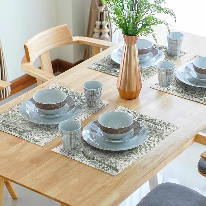 Gray Sage Green Boho Placemats Set of 6 Ethnic Bohemian Carpet Place Mats Washable Kitchen Dining Vintage Grey Geography Floral Linen Table Mats Stain Heat-Resistant for Home Party Indoor 12x18 in